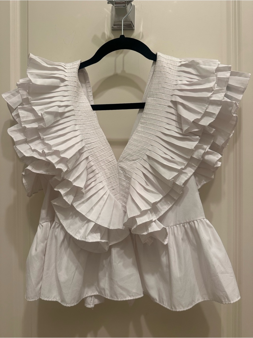 Zara White Ruffle Pleated V Neck Top Small S